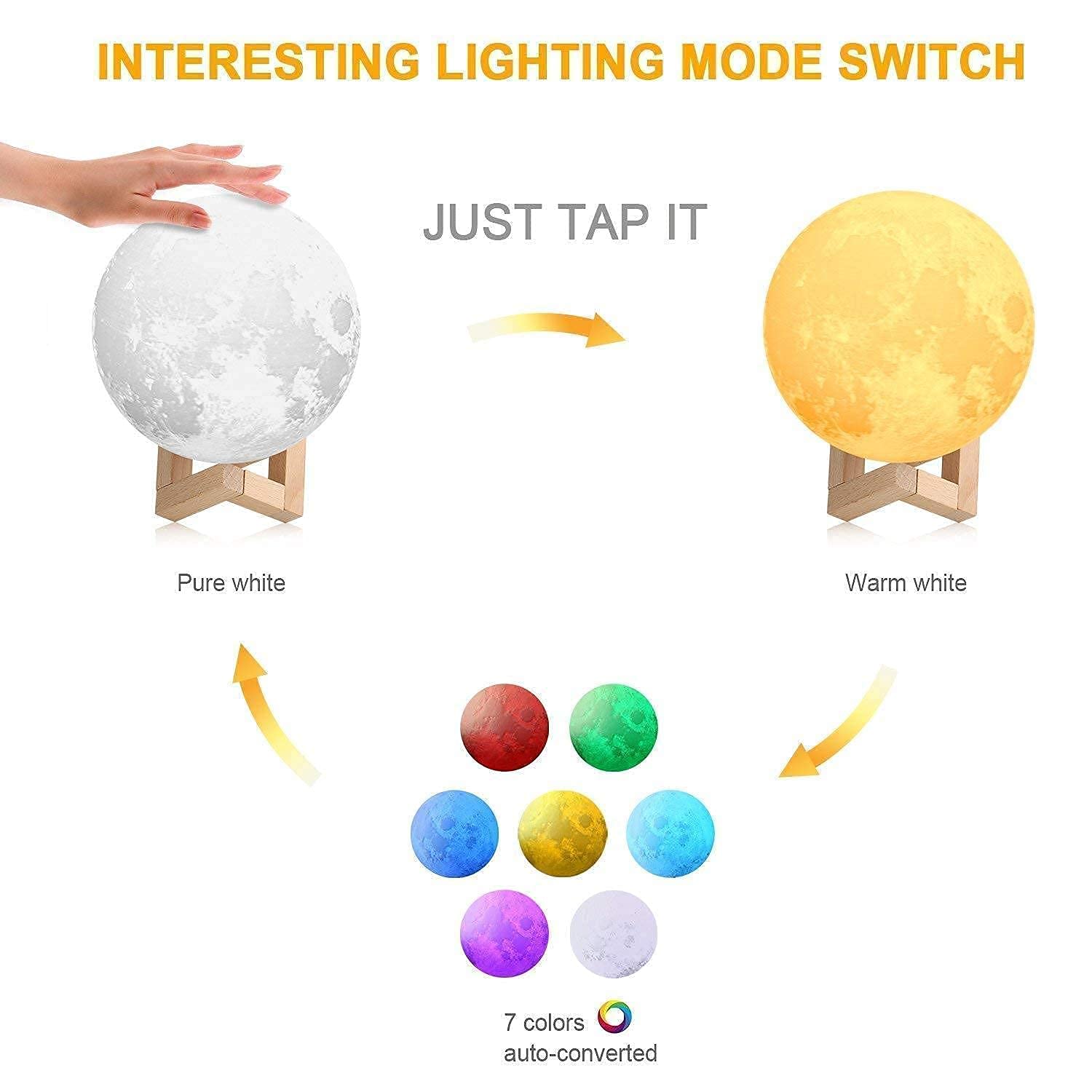 PRIMESKY® Moon Lamp 3D 7 Color Changing Moon Light Night Table lamp for Bedroom for Adults and Kids Home Room Beautiful Indoor Lighting Home Decoration-15CM, LED, acrylic